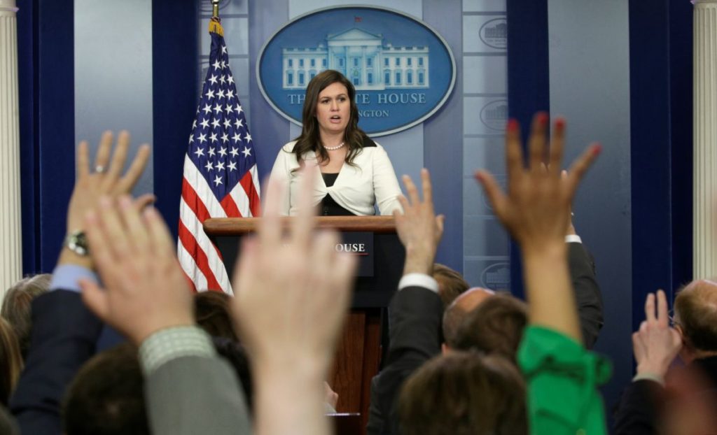 White House spokeswoman Sarah Huckabee Sanders holds a news briefing at the White House in Washington, D.C., U.S., May 11, 2017. REUTERS/Kevin Lamarque