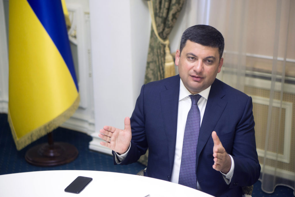 PM Groysman gestures during an interview at the Cabinet of Ministers in Kiev on Monday July 03